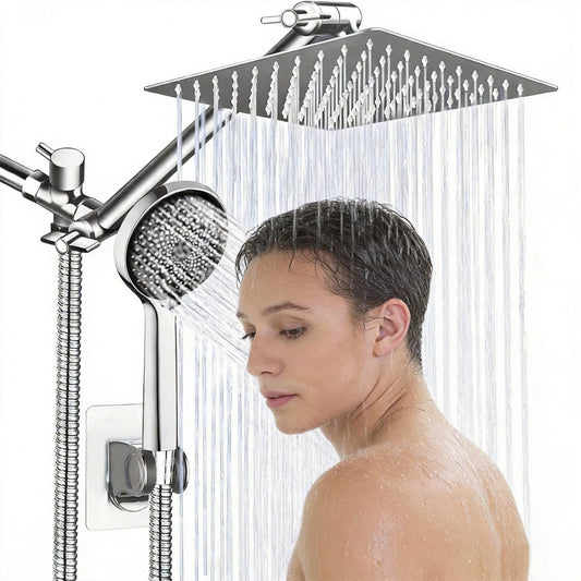 Shower Head, Rain Shower Head with Handheld Spray Combo, Anti-Leak Shower Head with Holder,8/10 Inch Adjustable High Pressure Rainfall Shower Head, Dual Showerhead Set with Long Shower Hose (Silver)