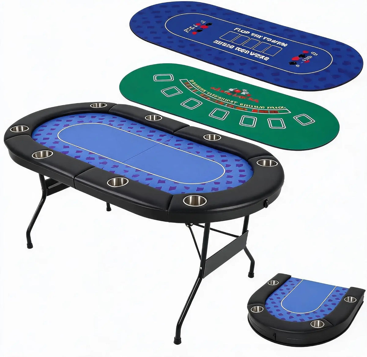 Portable 8 Player Foldable Poker Table With Padded Rail Deepened Cup Holders And 2 Interchangeable Play Mats Plus Fold Lock Latch For Texas HoldEm Blackjack