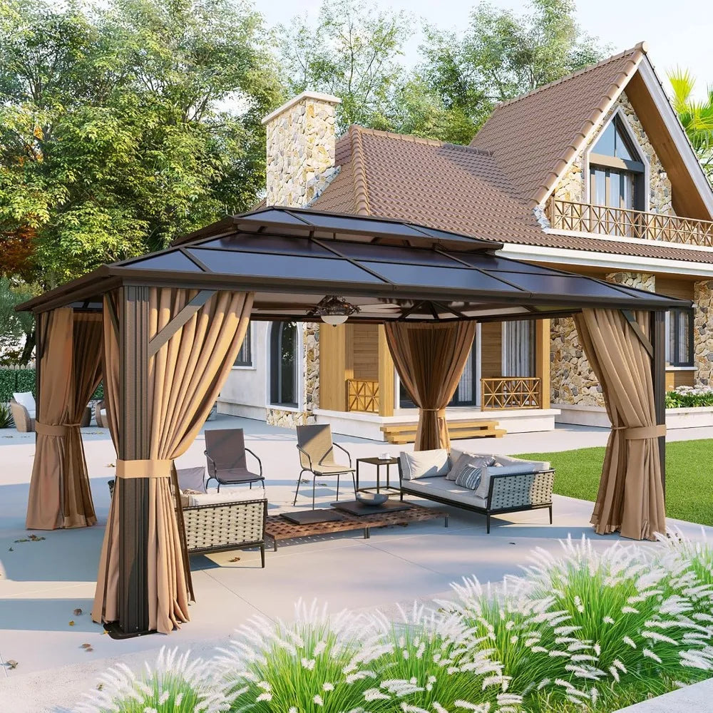 12'x16' Hardtop Gazebo, Aluminum Frame Permanent Pavilion with Curtains and Netting, Outdoor Polycarbonate Double, Customized