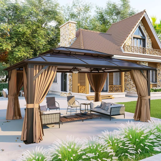 12'x16' Hardtop Gazebo, Aluminum Frame Permanent Pavilion with Curtains and Netting, Outdoor Polycarbonate Double, Customized