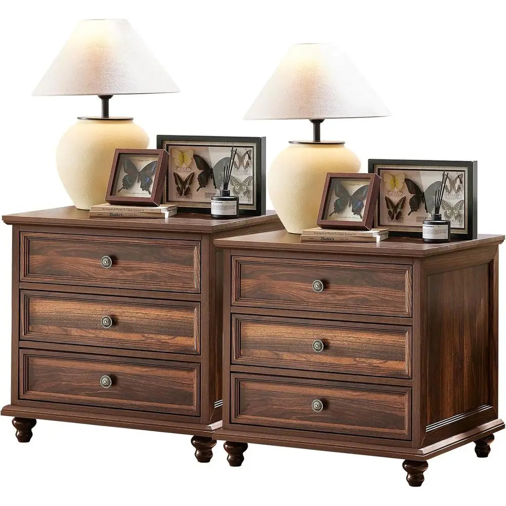 24" Wide armhouse Night Stand Set o 2,Large End Table with 3 Ders & Metal Handle,Brown Wood Drer or Bedroom Cabinet, Bed Side Ta