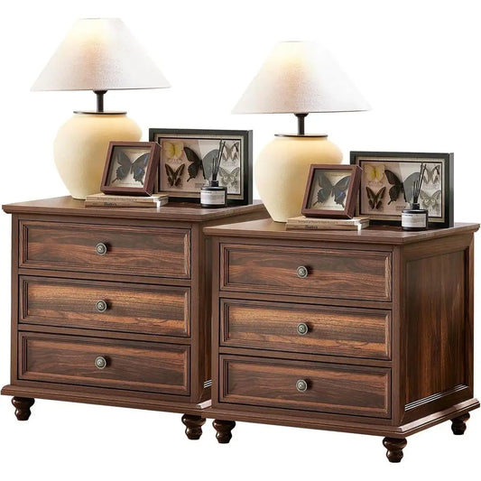 24" Wide armhouse Night Stand Set o 2,Large End Table with 3 Ders & Metal Handle,Brown Wood Drer or Bedroom Cabinet, Bed Side Ta
