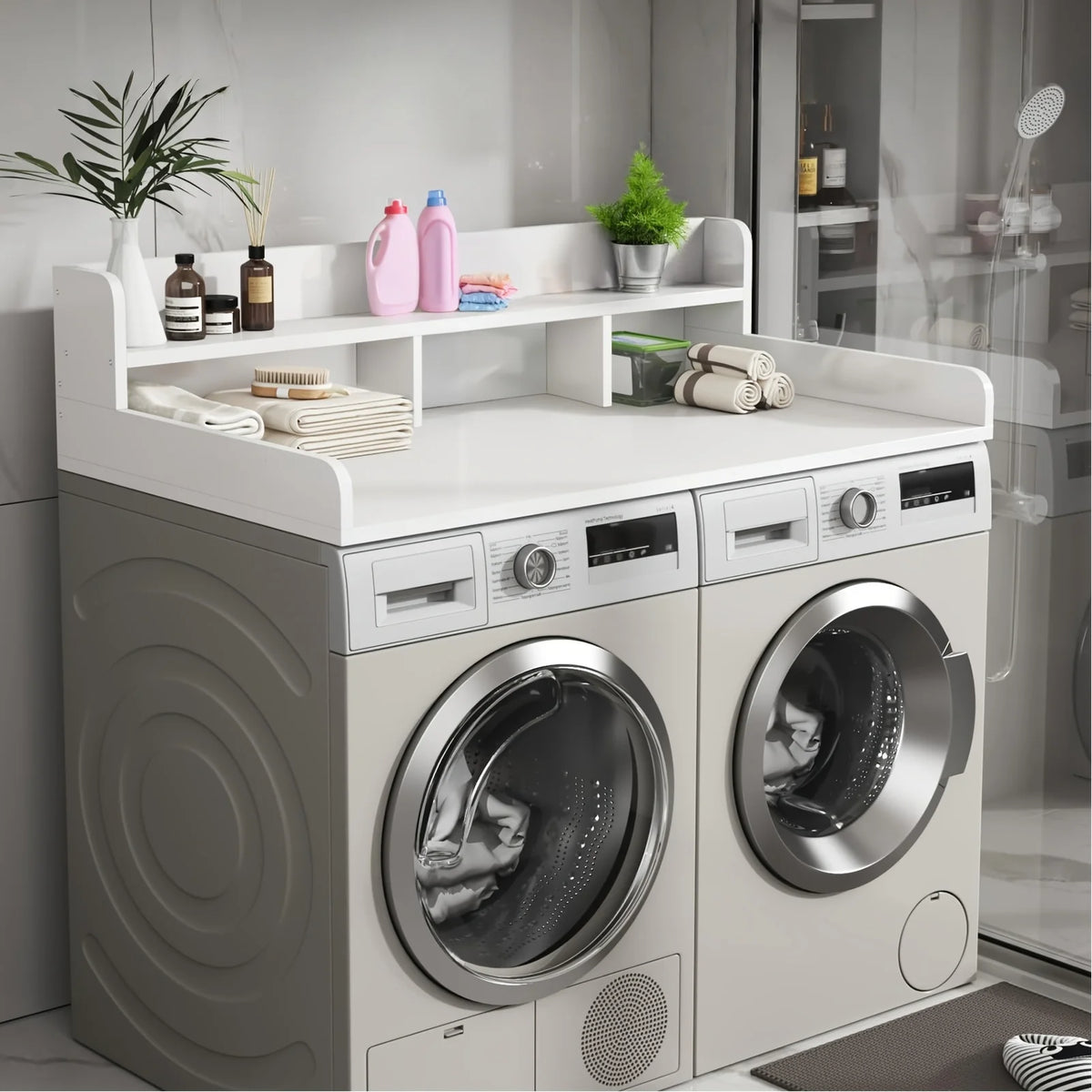 Washer Dryer Countertop Organizer | 54"x27.5" Wood Shelf Topper with Edge Guard | Double Layer Laundry Storage & Organization