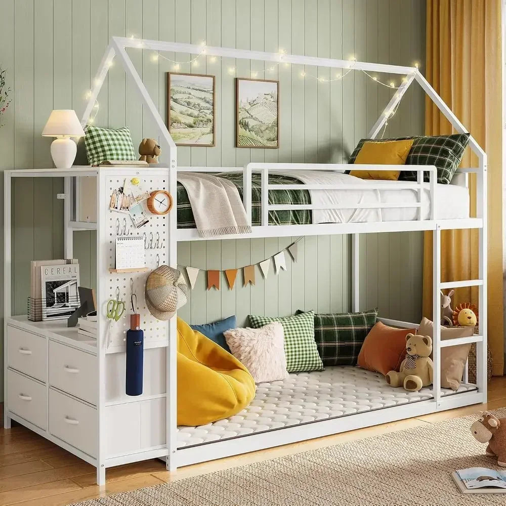 Twin Over Twin Bunk Bed with Storage Drawers, Hall Tree, Metal Slat Support, Space-Saving White Bedroom Furniture