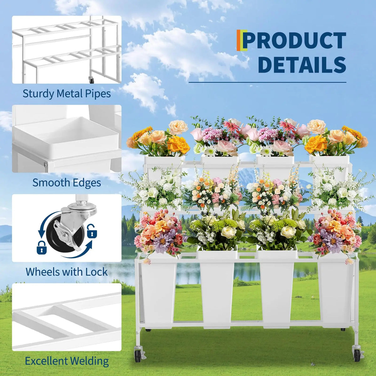 3 Tier Rolling Flower Display Stand With 12 Removable Buckets, Metal Plant Cart With Locking Wheels For Garden Wedding Flower Shop