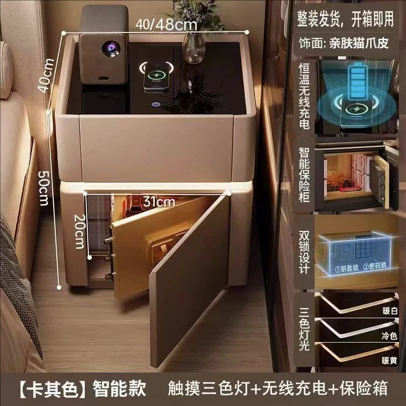Modern Decor Bedside Table With Charging Station Tricolor Lamp Nightstands Fingerprint Lock Guard Against Theft Room Furniture