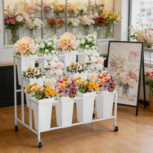 3 Tier Rolling Flower Display Stand With 12 Removable Buckets, Metal Plant Cart With Locking Wheels For Garden Wedding Flower Shop