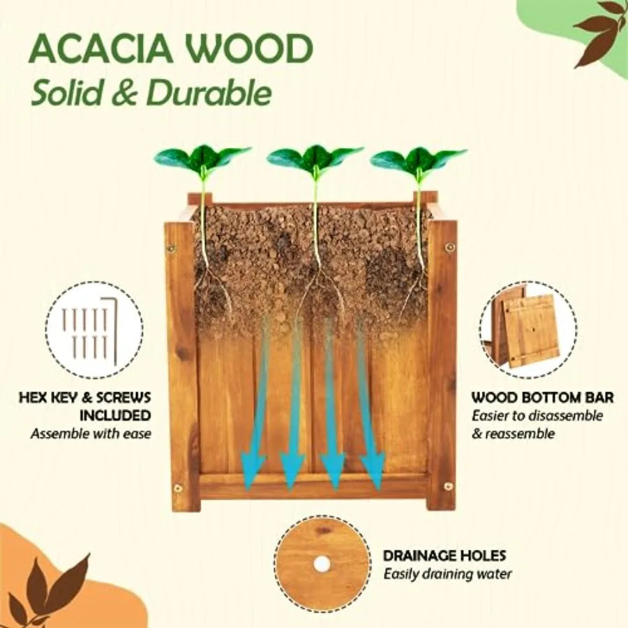 Outdoor flower box for home decor, acacia wood, natural brown, durable hardwood with ergonomic handles and drainage holes