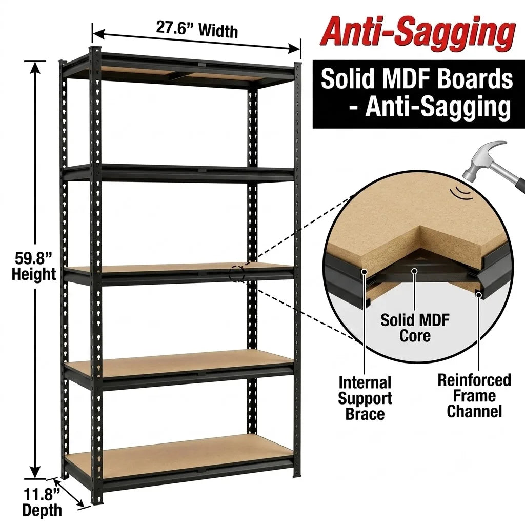 Heavy Duty 5-Tier Garage Shelving Unit, 27.6"W X 11.8"D X 59.8"H Space-Saving Metal Storage Rack, Boltless Tool Organizer Utility Shelf with Solid MDF Boards for Garage, Workshop, Basement
