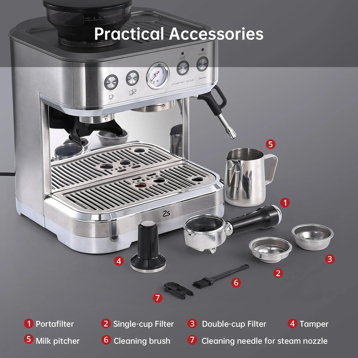 Espresso Machine with Grinder, Stainless Steel 15 Bar Coffee Machine with Milk Frother Coffee Maker for Home Latte Cappuccino