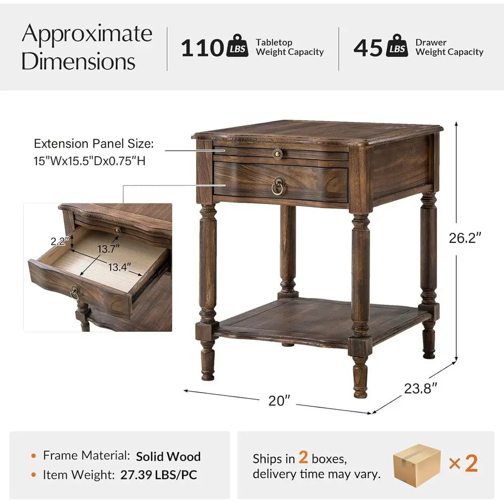 Small End Table with Charging Station, Solid Wood Side Table with a Der & Open Shel, Vintage inish, Spindle Legs(Walnut, Set o 2