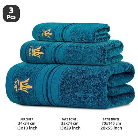 3‑Piece 100% Cotton Towel Set, 1 Bath Towel + 1 Hand Towel + 1 Face Towel, Crown Pattern, High Water Absorbency & Quick‑Drying Towels