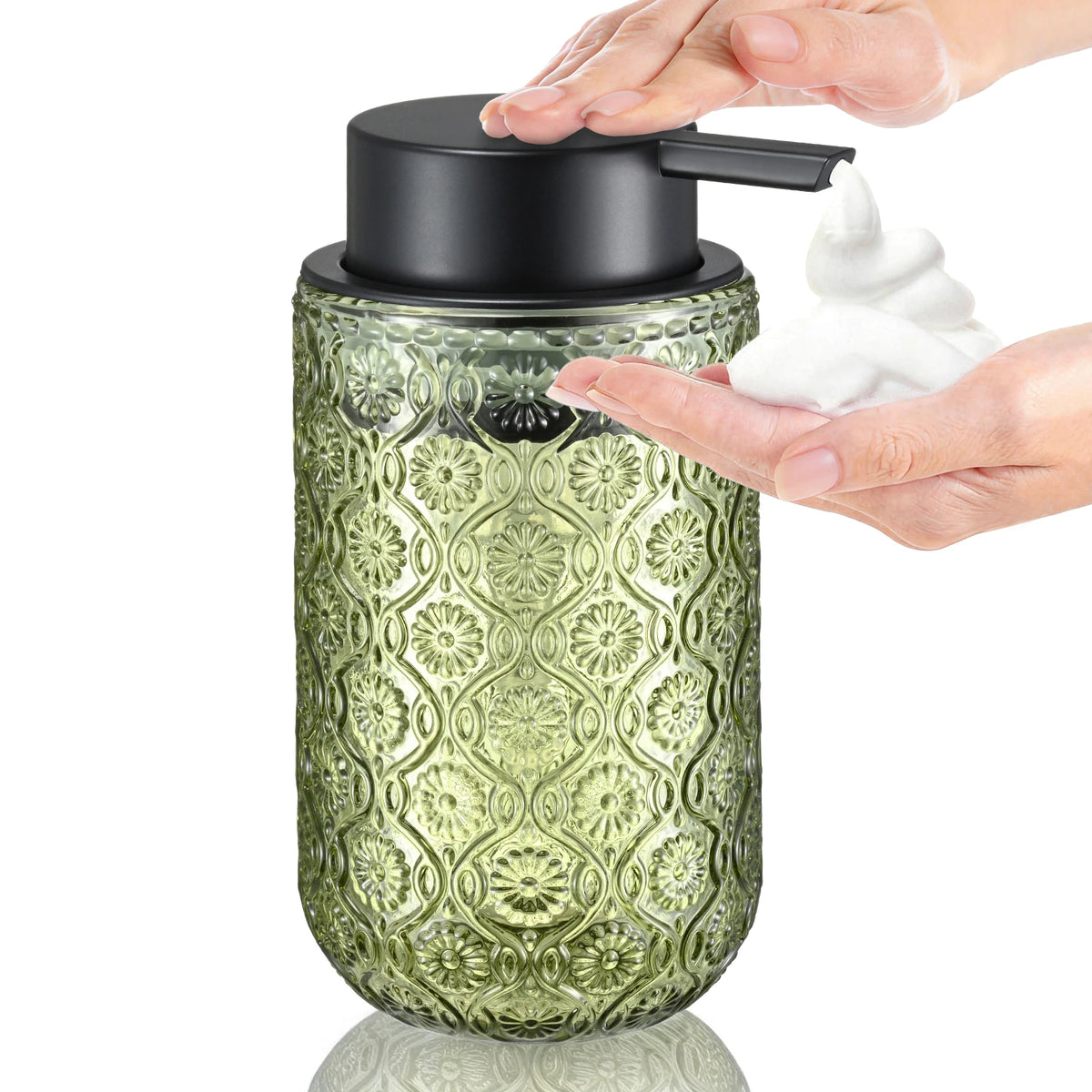 Vintage-Style Embossed Glass Foaming Soap Dispenser — Matte Black Pump Head — Suitable for Bathroom & Kitchen Hand Soap