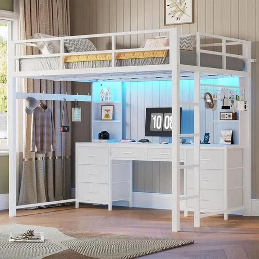 Full Size Loft Bed with Desk and 8 Drawers, Metal Frame, LED Lights & Charging Station, Heavy Duty, Space-Saving, Noise-Free, Wh