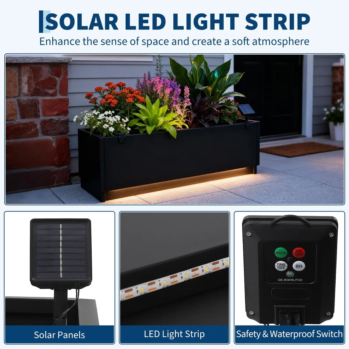 47x16 LED Metal Planter Box With Light Strips & Controller, Raised Garden Bed With Drainage Holes For Patio Yard Decor