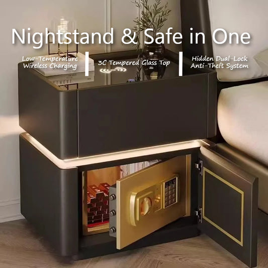 Modern Decor Bedside Table With Charging Station Tricolor Lamp Nightstands Fingerprint Lock Guard Against Theft Room Furniture