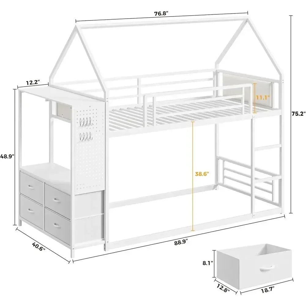 Twin Over Twin Bunk Bed with Storage Drawers, Hall Tree, Metal Slat Support, Space-Saving White Bedroom Furniture
