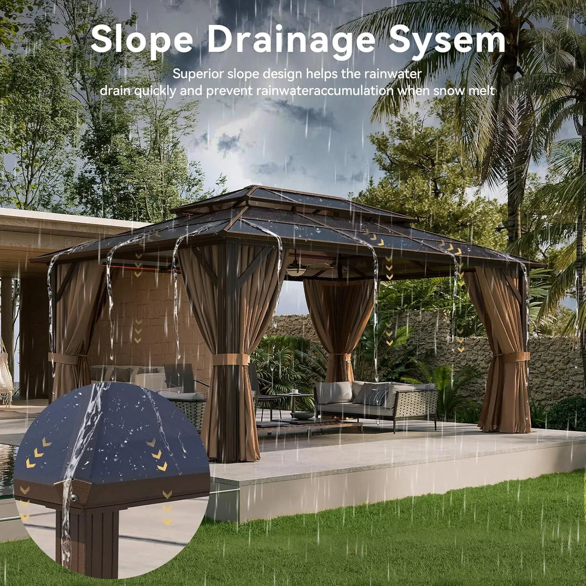 12'x16' Hardtop Gazebo, Aluminum Frame Permanent Pavilion with Curtains and Netting, Outdoor Polycarbonate Double, Customized