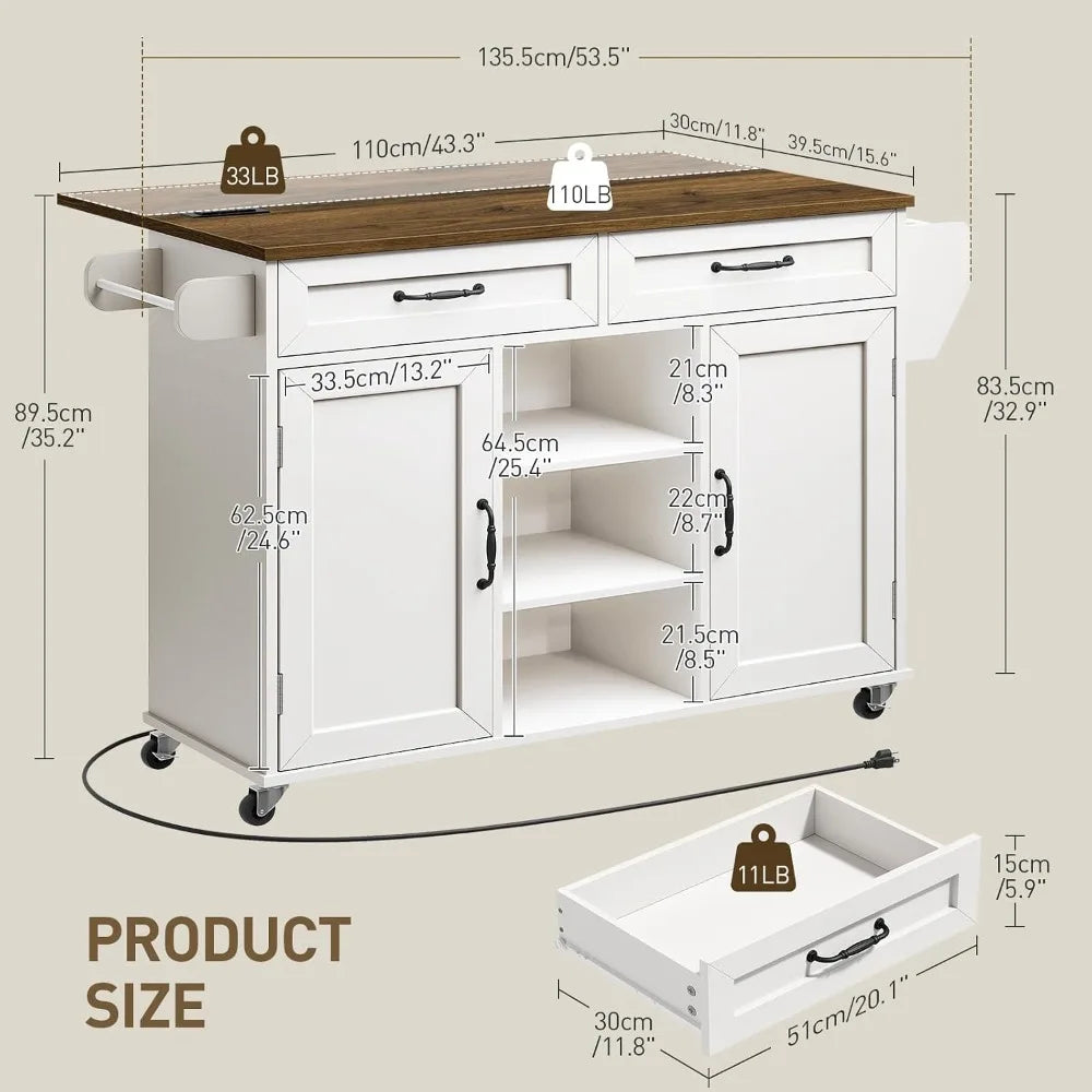 Kitchen Island Cart with Storage, Wheels, Power Outlet, Drop Leaf, Drawer & Spice Rack, White Walnut