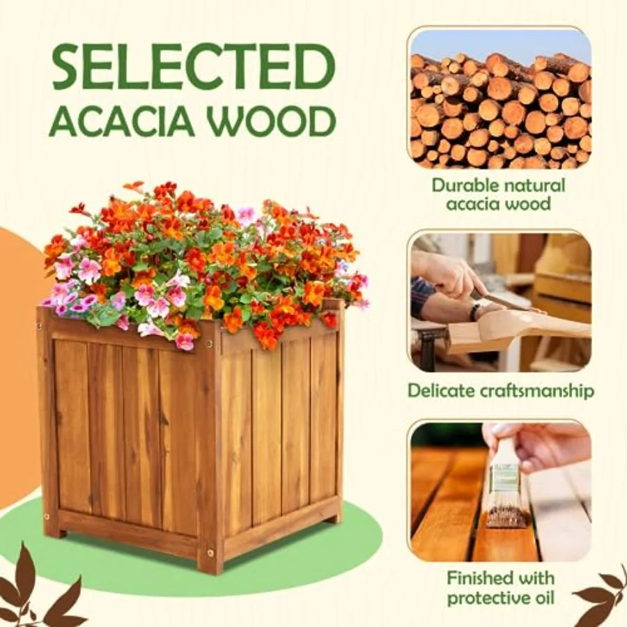 Outdoor flower box for home decor, acacia wood, natural brown, durable hardwood with ergonomic handles and drainage holes