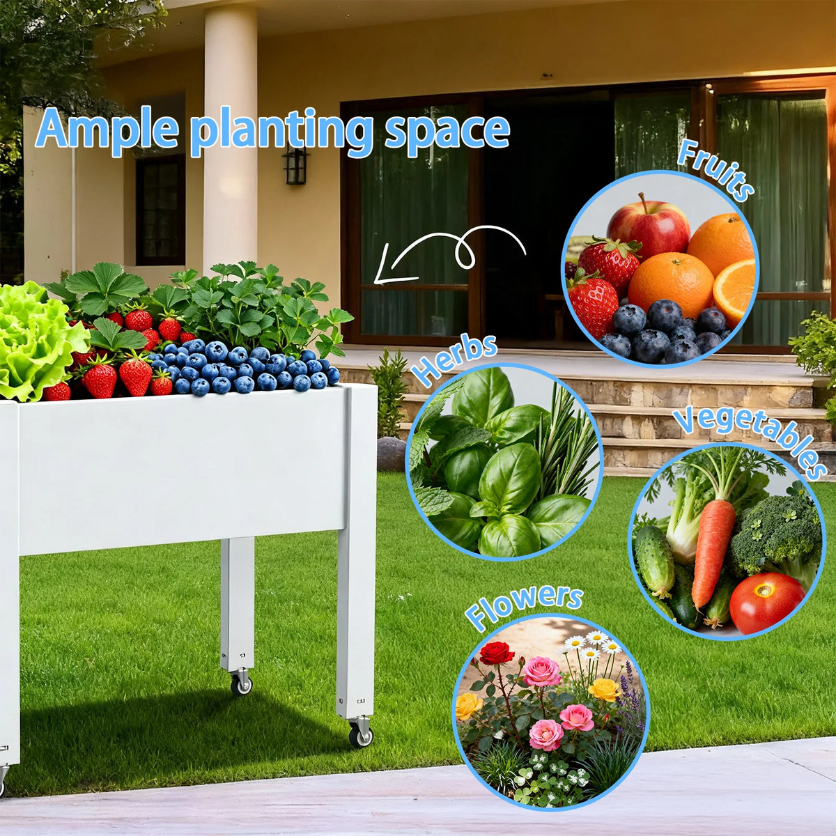Elevated Raised Garden Bed with Rolling Wheels, Outdoor Freestanding Planting Stand for Flowers Vegetables Patio Backyard