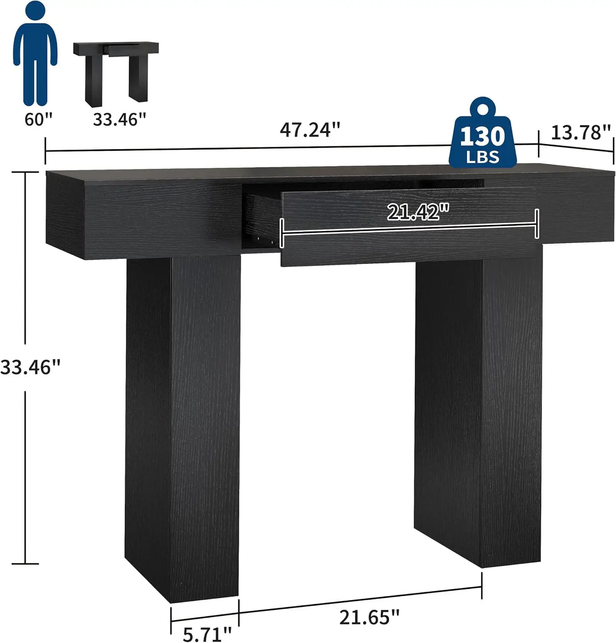 47" Long Console Table with Drawer,Narrow Entryway Table,Charcoal | Wood Rectangular Sofa Table Behind The Couch,TV Stand,Farmhouse Entry Way Tables for Entrance,Hallway,Foyer,Living Room