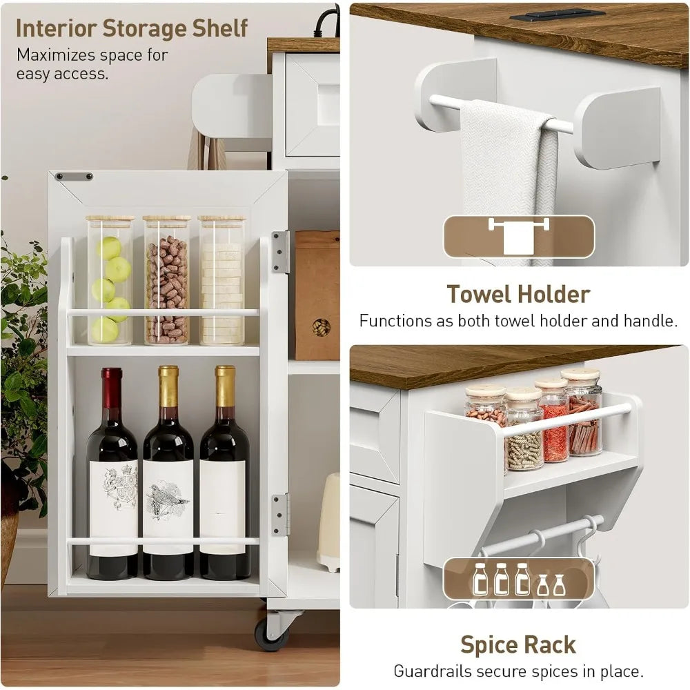 Kitchen Island Cart with Storage, Wheels, Power Outlet, Drop Leaf, Drawer & Spice Rack, White Walnut