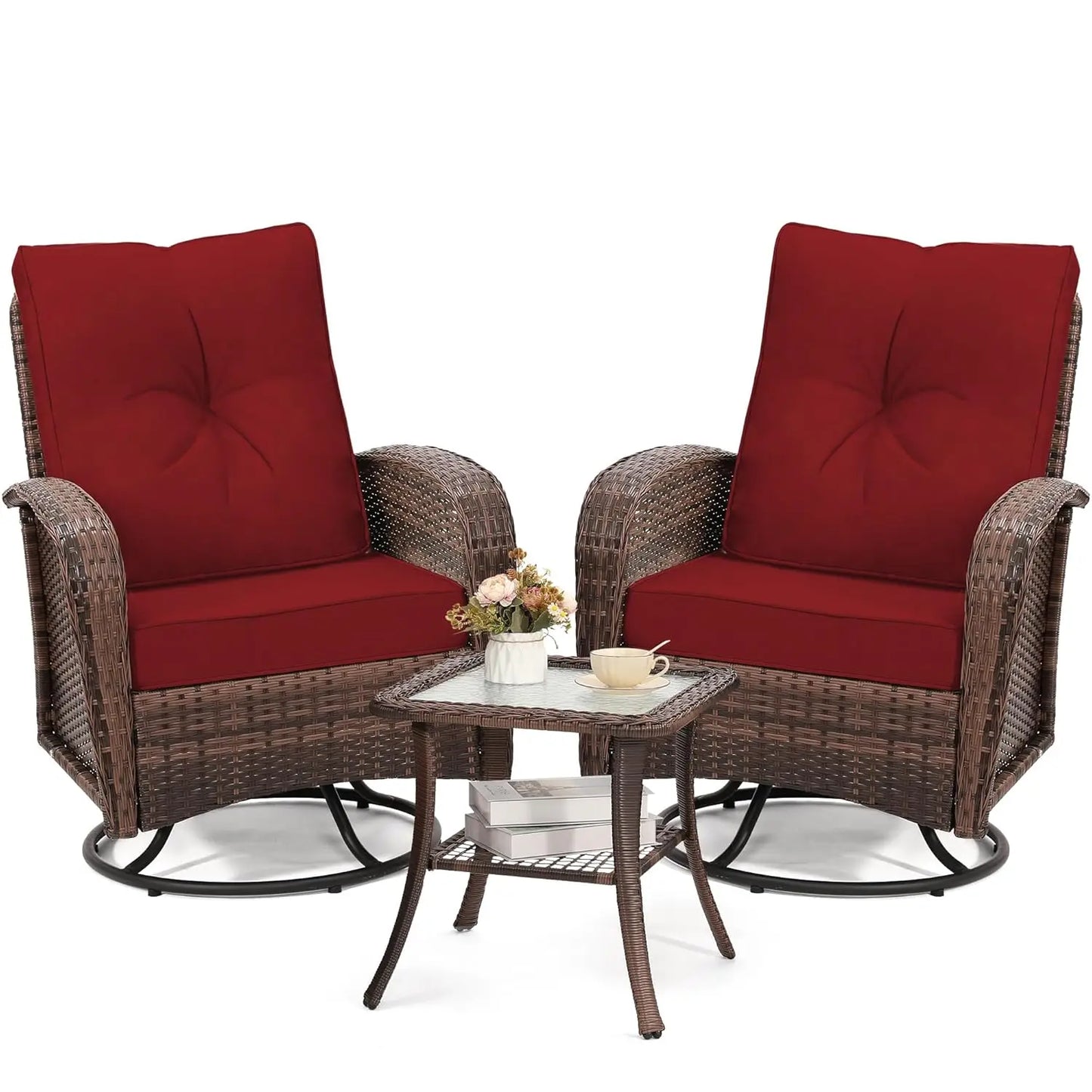 Luxury Outdoor Swivel Wicker Glider Patio Chairs with Table Set, Overstuffed Washable Cushions, Ideal for Porch,, Customized