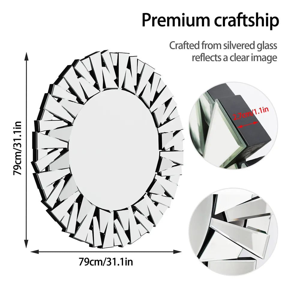 LUVODI Large round Wall Mirror with Silver Starburst Art Design for Living Dining Bed Meeting Bathroom Decorative