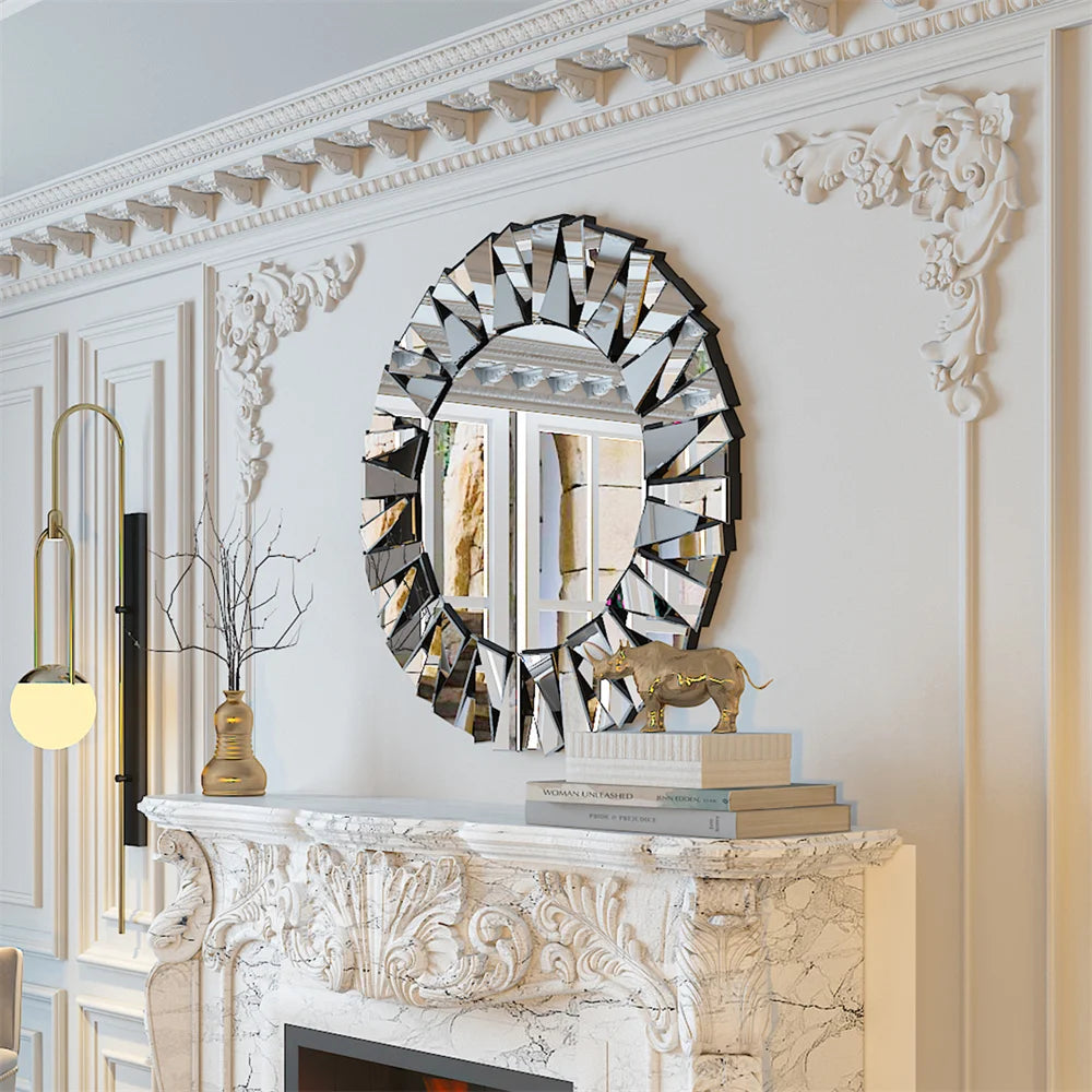 LUVODI Large round Wall Mirror with Silver Starburst Art Design for Living Dining Bed Meeting Bathroom Decorative
