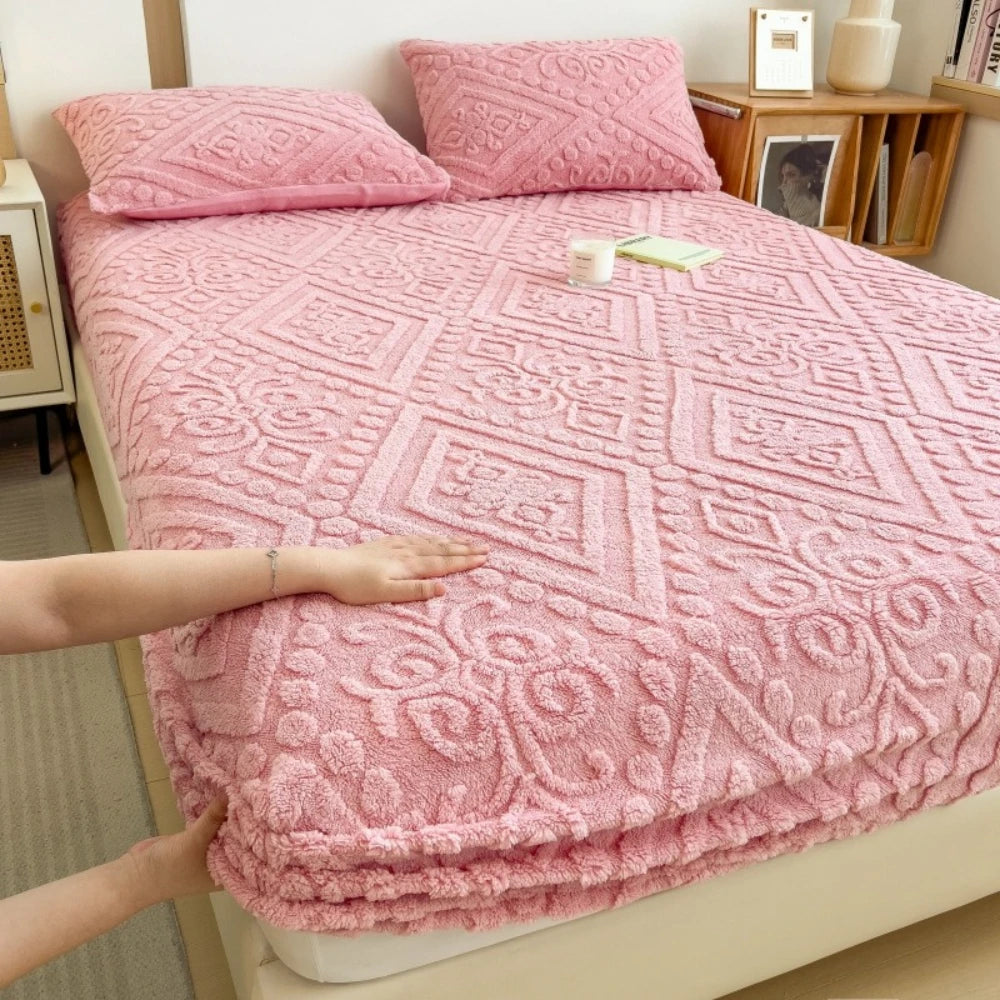 King Size Solid Embossed Bed Cover   Ultra Soft Milk Velvet Fitted Sheet  Durable Textured Standard Size
