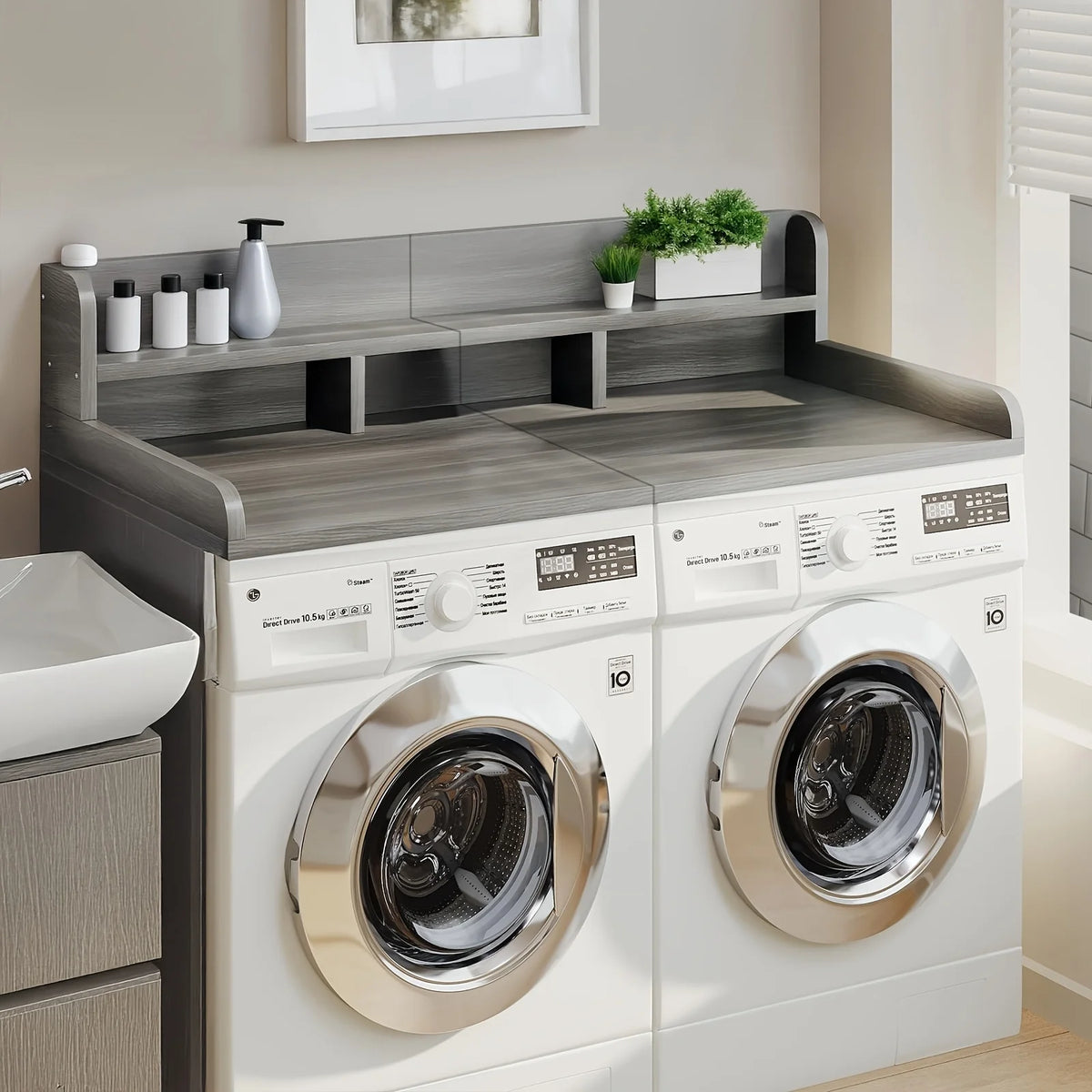 Washer Dryer Countertop Organizer | 54"x27.5" Wood Shelf Topper with Edge Guard | Double Layer Laundry Storage & Organization
