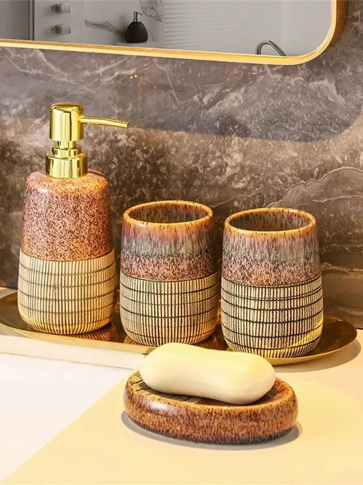 4 PCS Brown Bathroom Unique Decor Set Accessories Includes Countertop Soap Dispenser Bar Soap Dish Tumbler and Toothbrush Holder