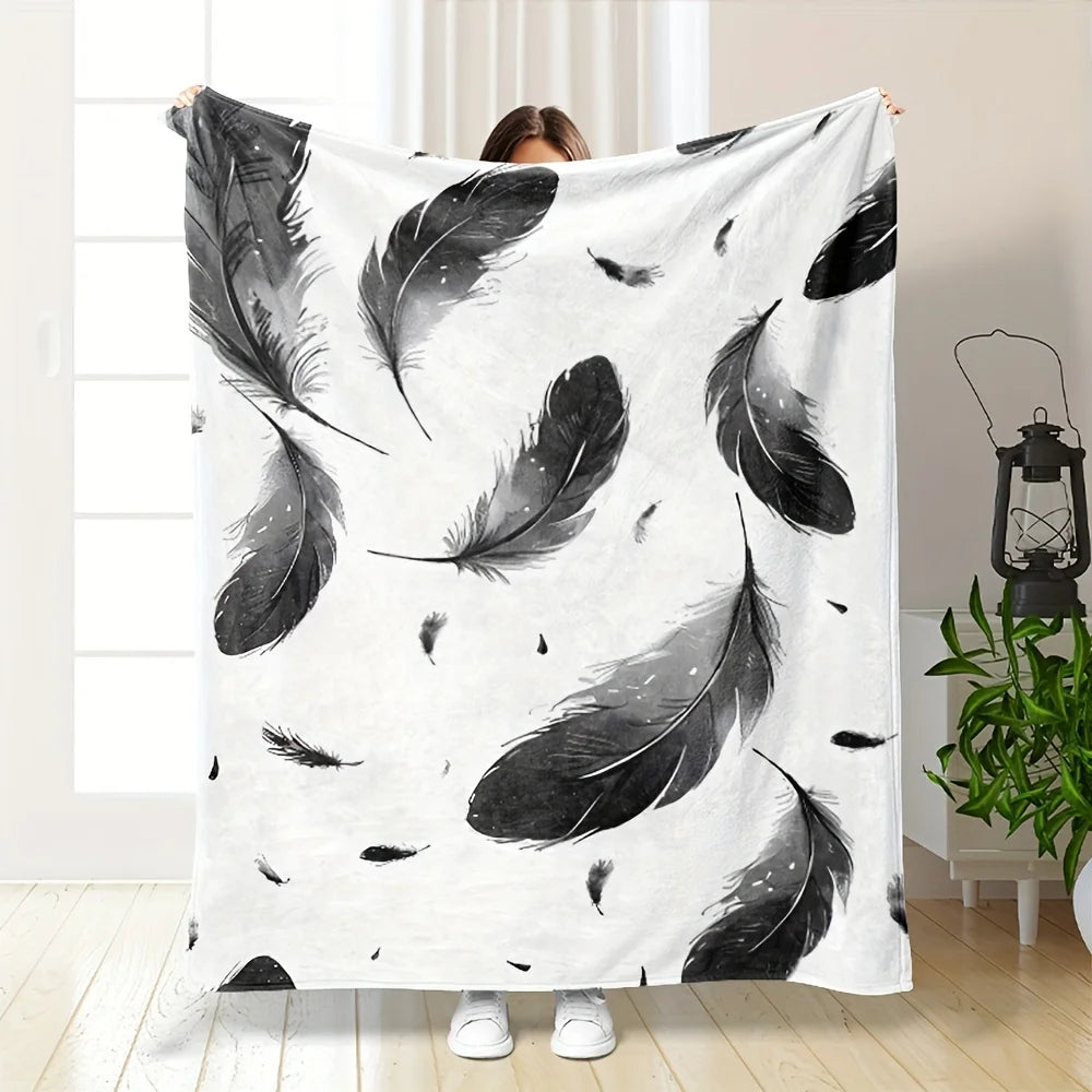 Luxury Soft Throw Blanket Black Feather Print Plush Fleece Lap Blanket Cozy Decorative Home Decor Sofa Gift for Winter Autumn