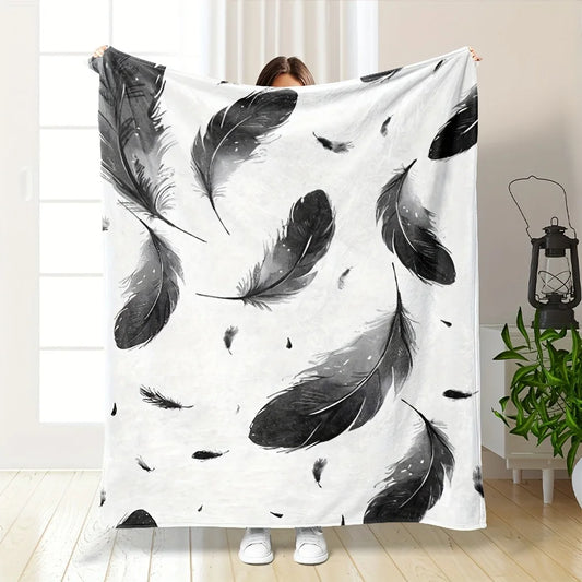 Luxury Soft Throw Blanket Black Feather Print Plush Fleece Lap Blanket Cozy Decorative Home Decor Sofa Gift for Winter Autumn