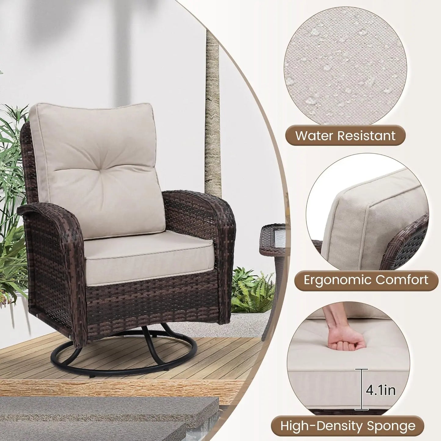 Luxury Outdoor Swivel Wicker Glider Patio Chairs with Table Set, Overstuffed Washable Cushions, Ideal for Porch,, Customized