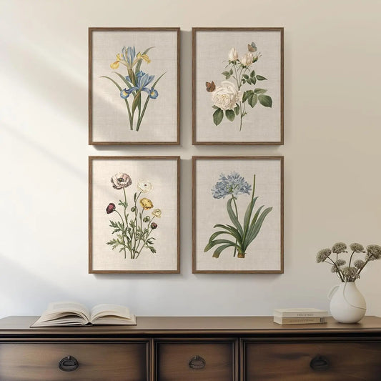 Framed Botanical Floral Wall Art 4 Piece Vintage Canvas Painting for Bedroom Living Room Kitchen Decor 11x14