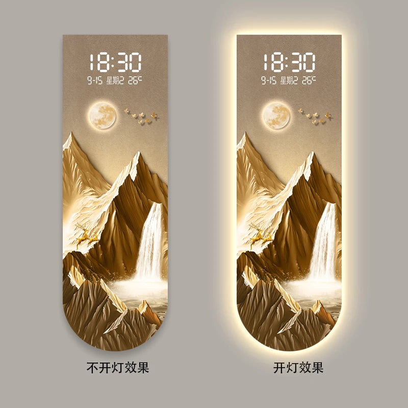 Sunlit Golden Mountain Entrance Decor Painting New Chinese Style Creative Touch-Sensitive Digital Clock High-End Living Room LED