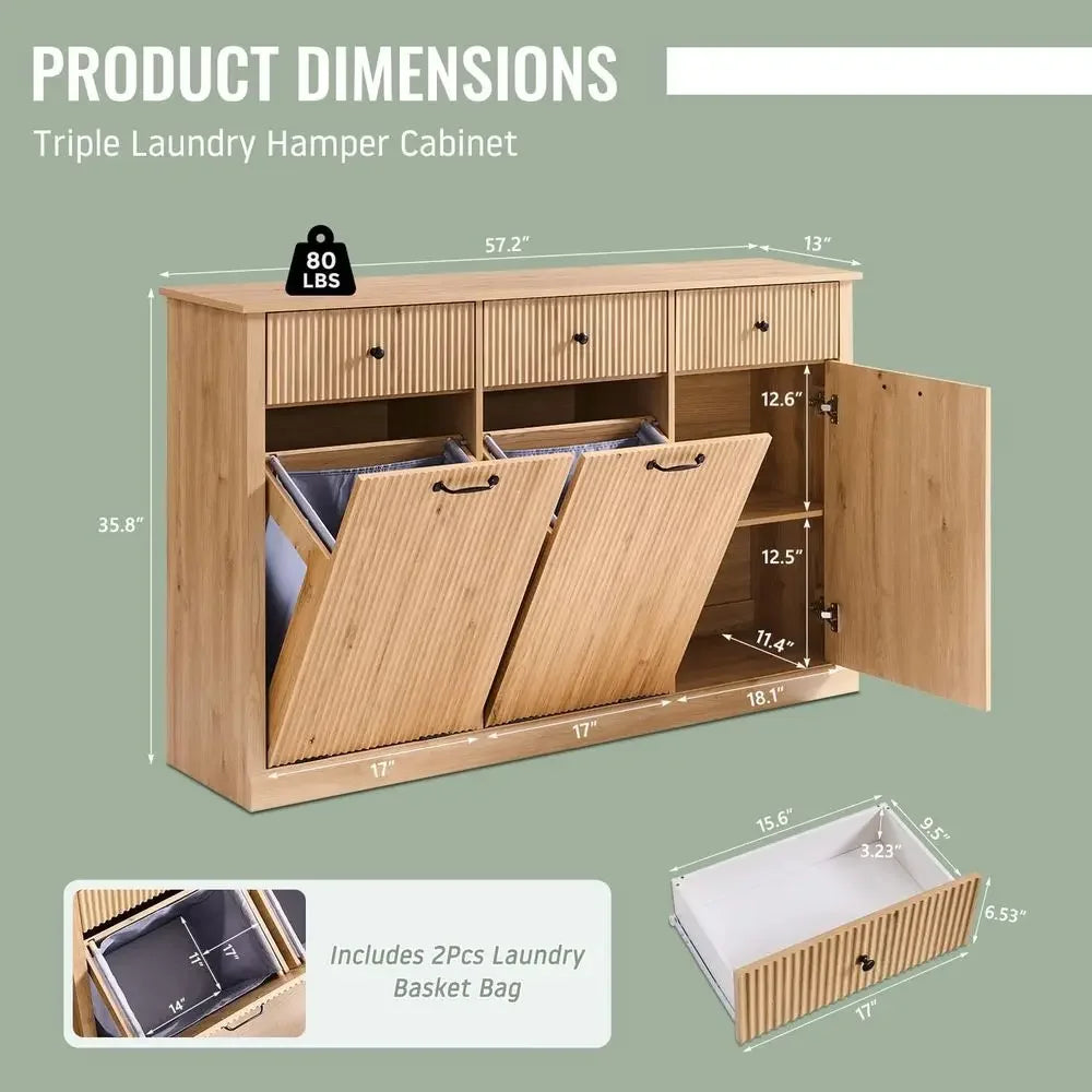 Triple-Layer Laundry Hamper Cabinet with 20-Gallon Trash Bin and Adjustable Shelf for Kitchen or Bathroom in Natural Oak