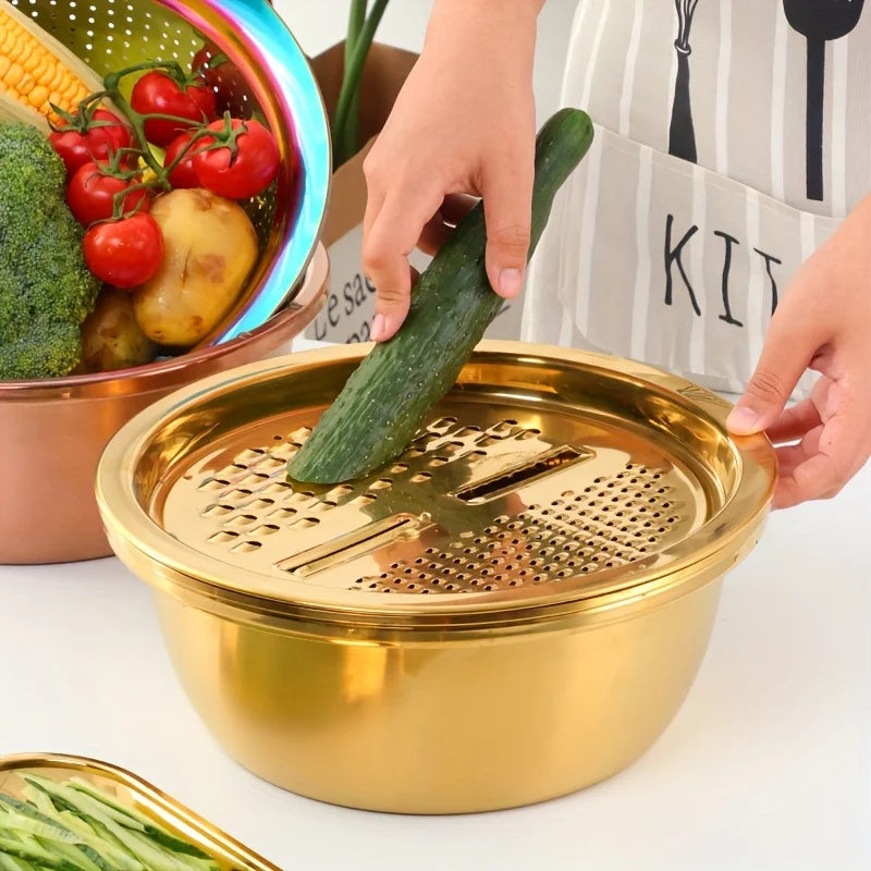 3-In-1 Stainless Steel Kitchen Set, Equipped with Built-in Grinding, Multifunctional Filter, and Mixing Bowl