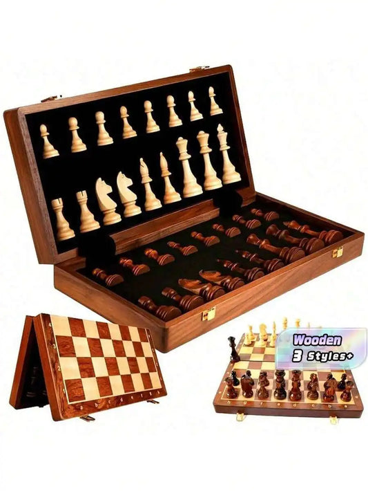 Large Wooden Folding Chess Set Magnetic Piece Storage Drawer Bonus Queens Portable Strategy Game Travel-Friendly Gift For Players