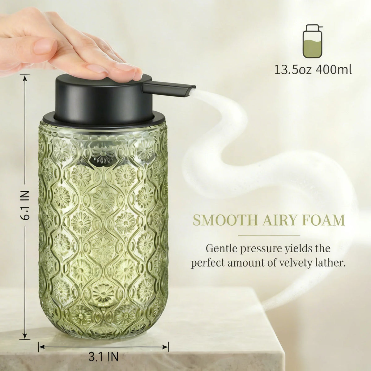 Vintage-Style Embossed Glass Foaming Soap Dispenser — Matte Black Pump Head — Suitable for Bathroom & Kitchen Hand Soap
