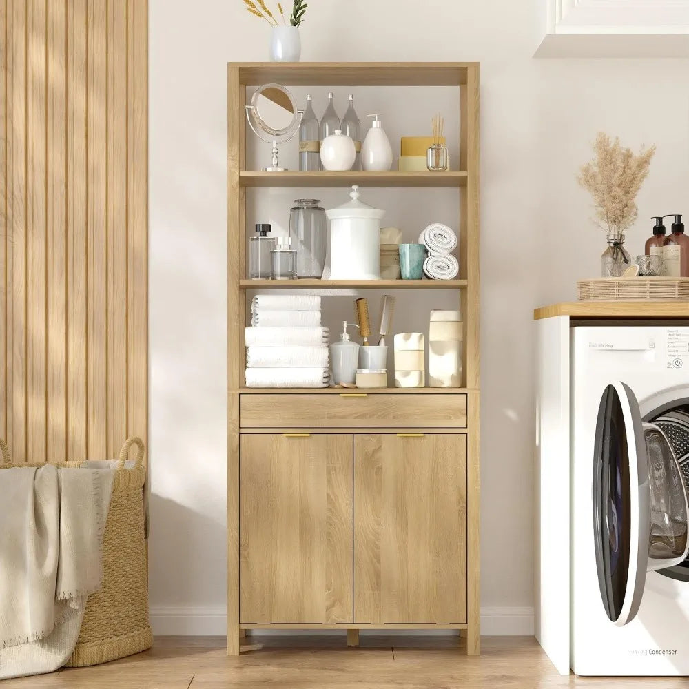 Double Tilt Out Laundry Hamper Cabinet with Drawer & Shelves, 2 Trash Cans, Brown