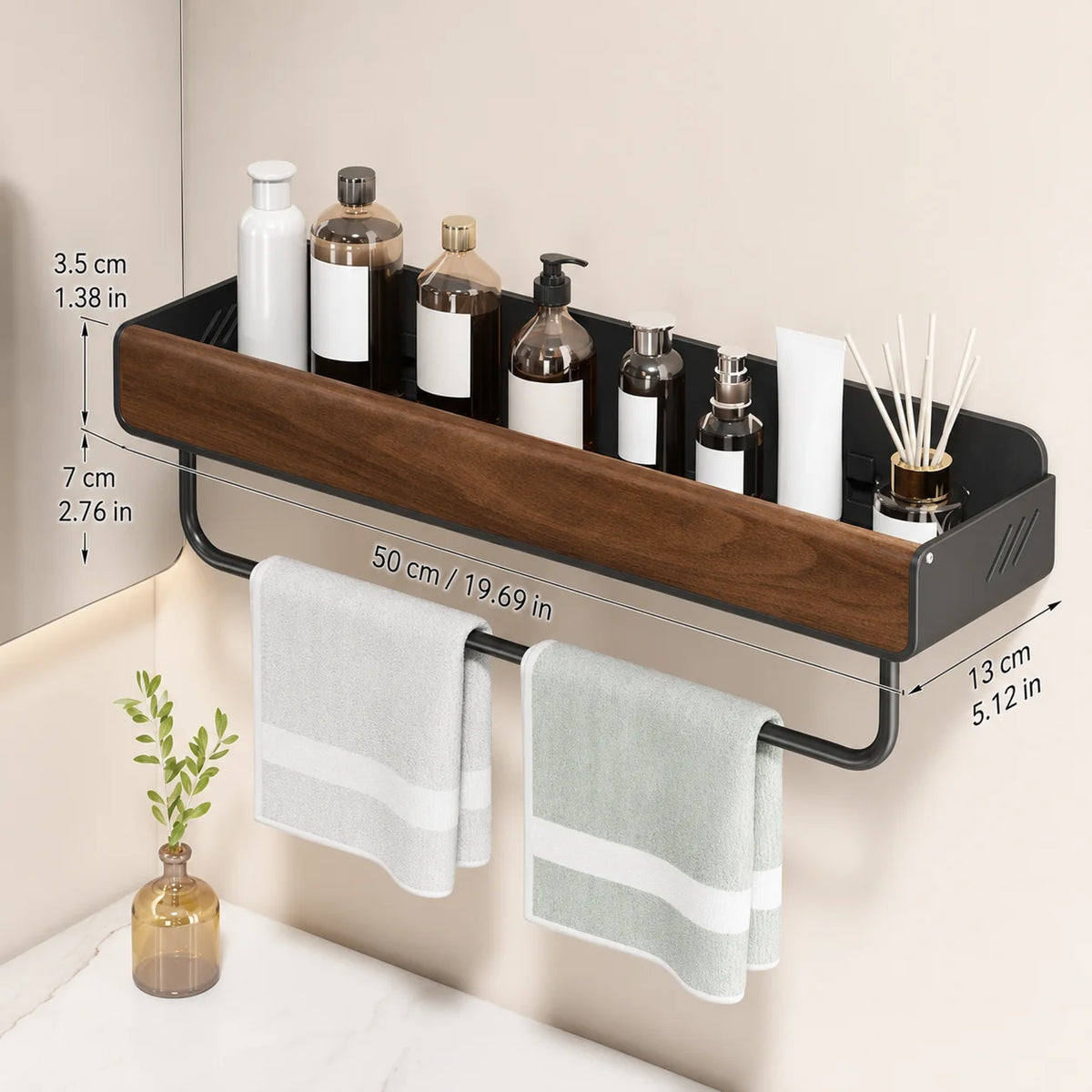 Solid Walnut Wood Wall Mounted Bathroom Shelf No Drill Floating Storage Organizer for Sink Countertop Toiletries And Home Essent
