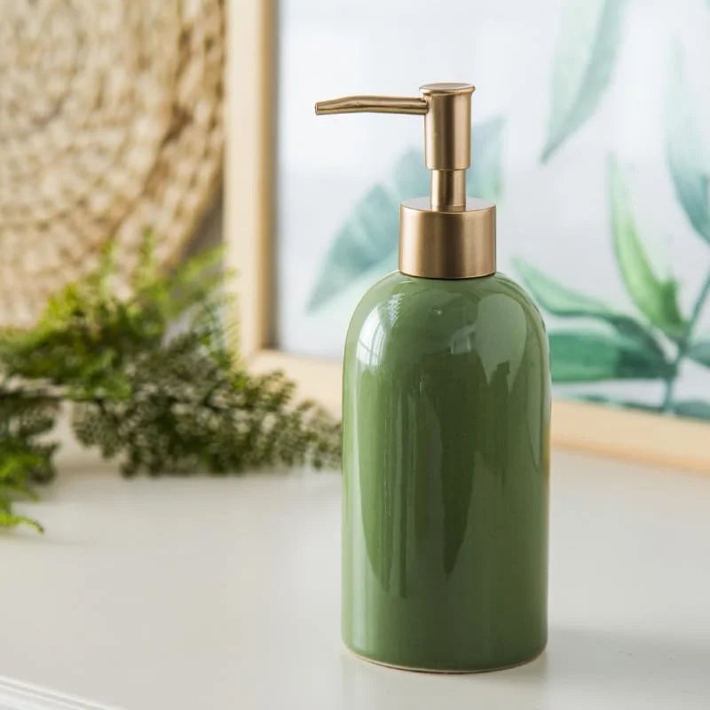 Modern Green Ceramic Soap Dispenser with Golden Pump Refillable Lotion Bottle for Bathroom Kitchen Decor
