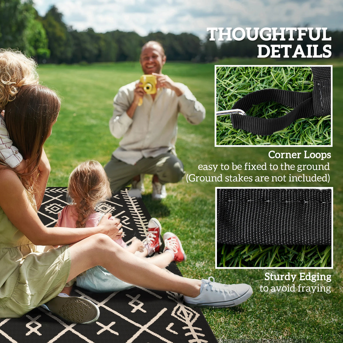 Outdoor Rug, 9' x 12' Floor Mat, Black Beige Rhombus