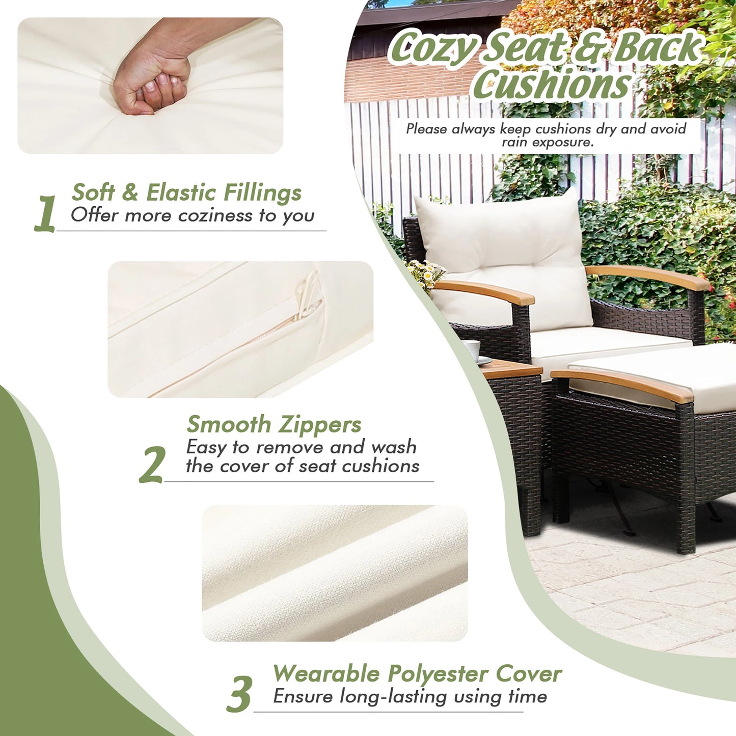 5PCS Patio Rattan Furniture Set Sofa Ottoman Cushioned Table W/Wood Top