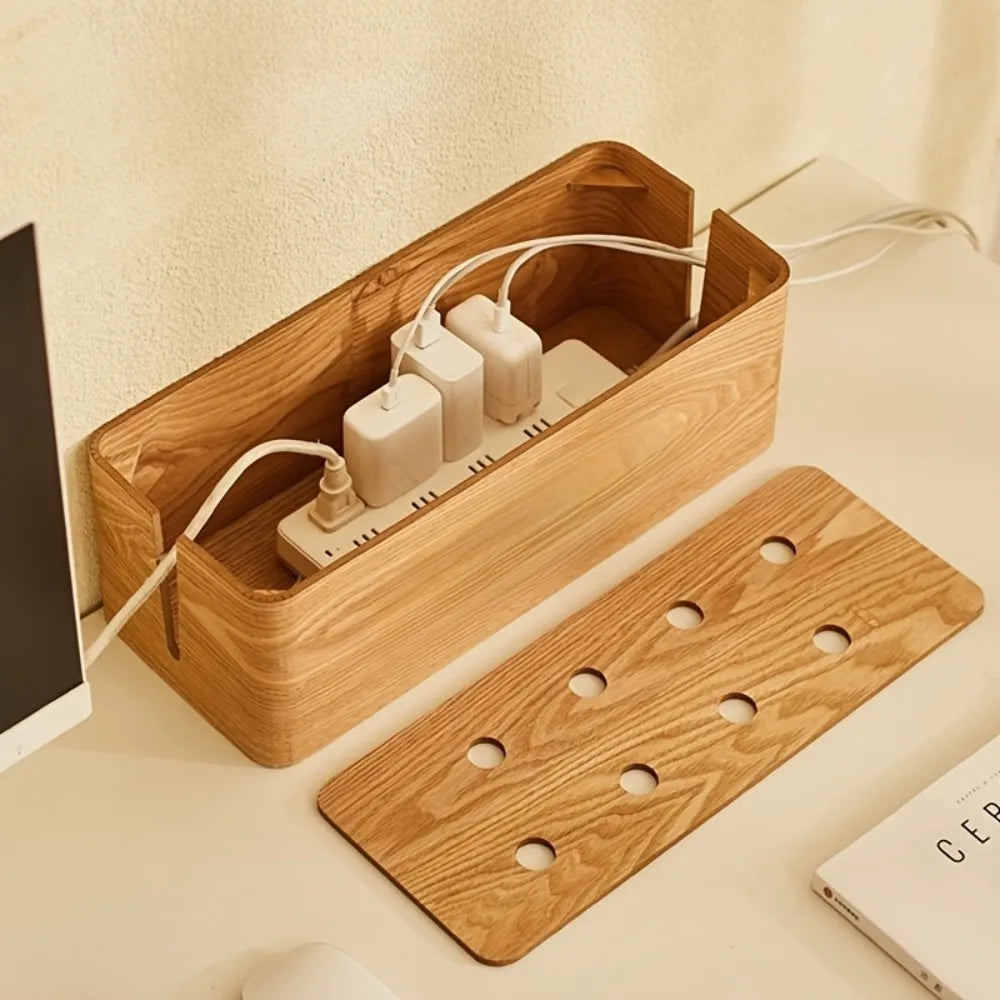 Wooden Cable Management Box with Top Shelf Solid Wood Cord Organizer for Desk Power Strip Hider Home Office Living Room