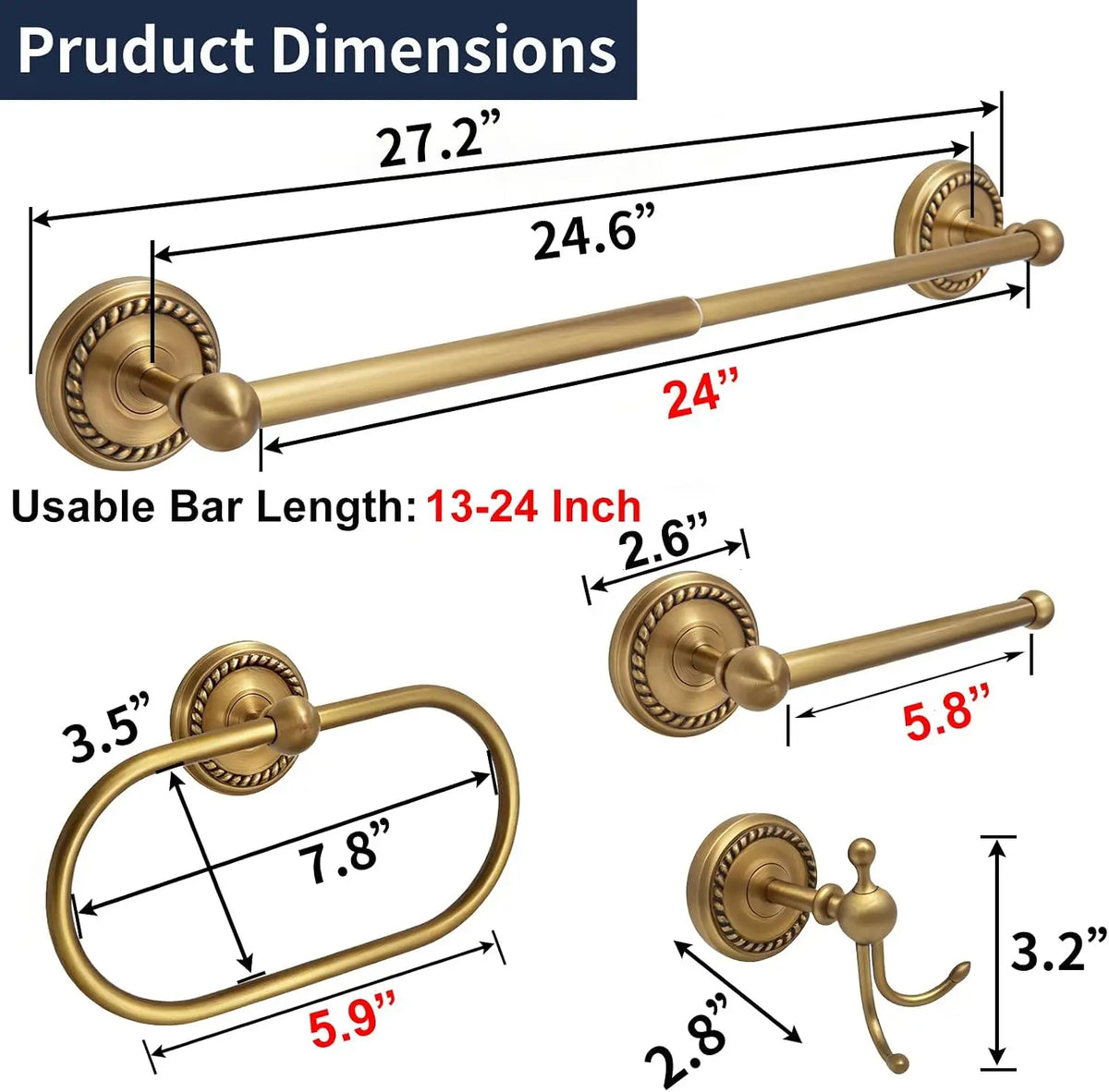 Antique Brass 4-Piece Bathroom Hardware Set Adjustable Towel Bar 13-24"