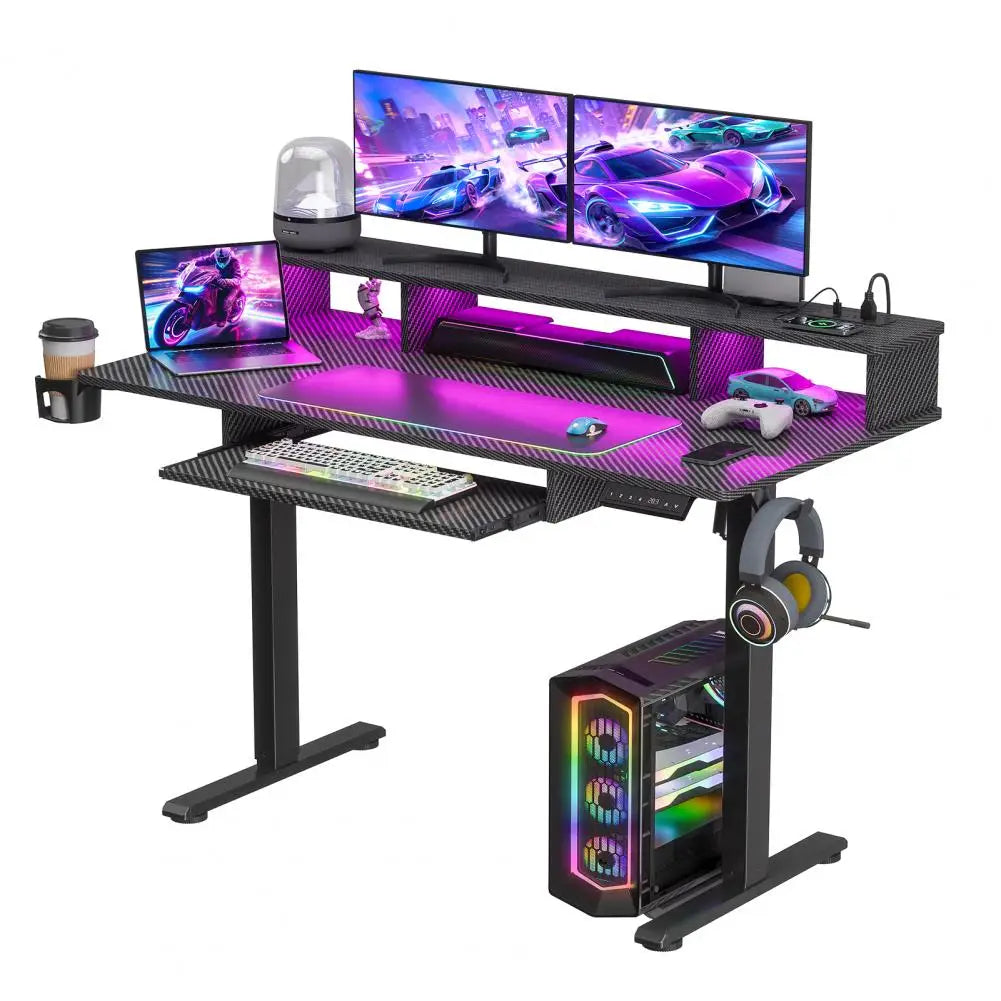 Gaming Standing Desk, Computer Desk with Keyboard Tray, Home Gaming Desk with Monitor Stand, Headphone Hook, Height Adjustable